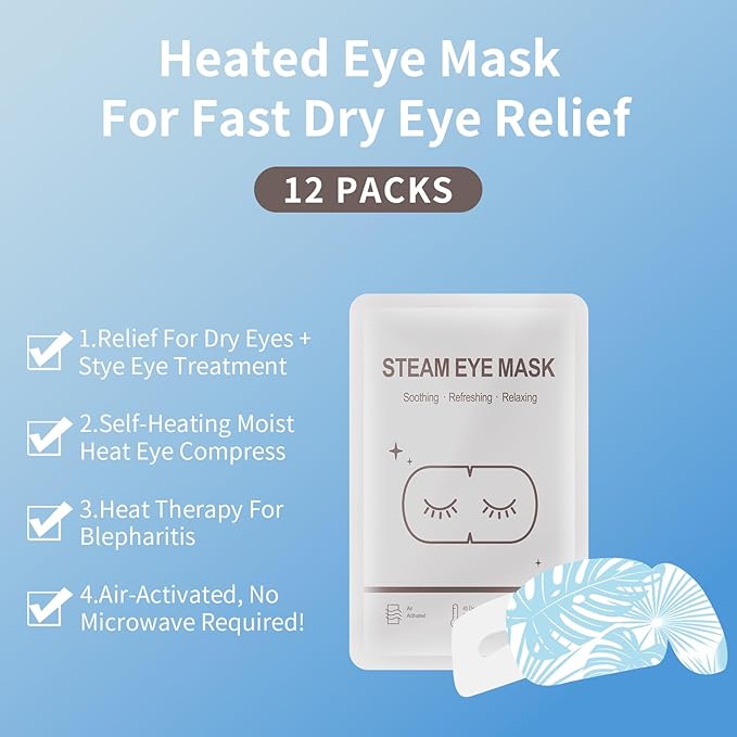 12 Count Stye Eye Treatment | Heated Eye Mask, Unscented Steam Warm Compress for Dry Eyes, Self-Heating Moist Eye Compress, Blepharitis & Chalazion & Overnight Stye Eye, Puffiness & Tired Eyes
