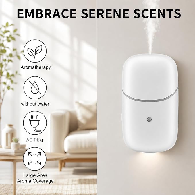 Waterless Diffuser, Essential Oil Diffuser with Low/High Switch & Timer, Plug in Diffuser with Night Light, Quiet Wall Aromatherapy Diffuser for Home, Living Room, Bedroom, Bathroom, White