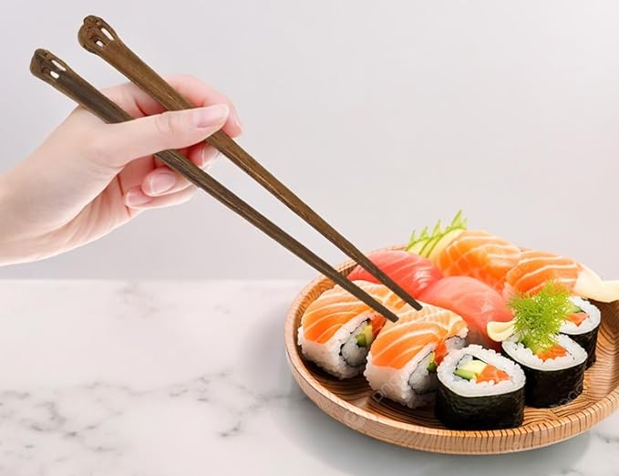 Wooden Chopsticks 9¼" Long Teak Wood Chopstick With Handcarved Elephant Top Eating Utensils Oriental Cutlery Asian Tableware Decorative Dinnerware to Serve Chinese Japanese Korean Food