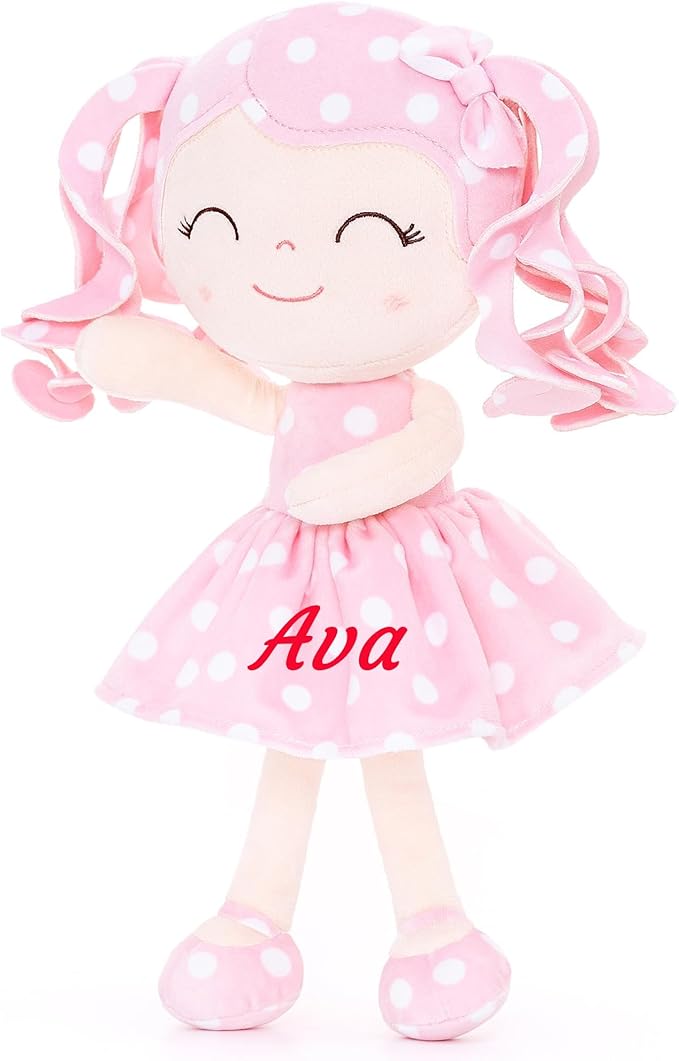 Gloveleya Personalized Baby Doll – Custom Name Plush Rag Doll, Pink Polka Dot Dress, Curly Hair, for Girls Birthday, Holidays & Keepsake, 12 Inches