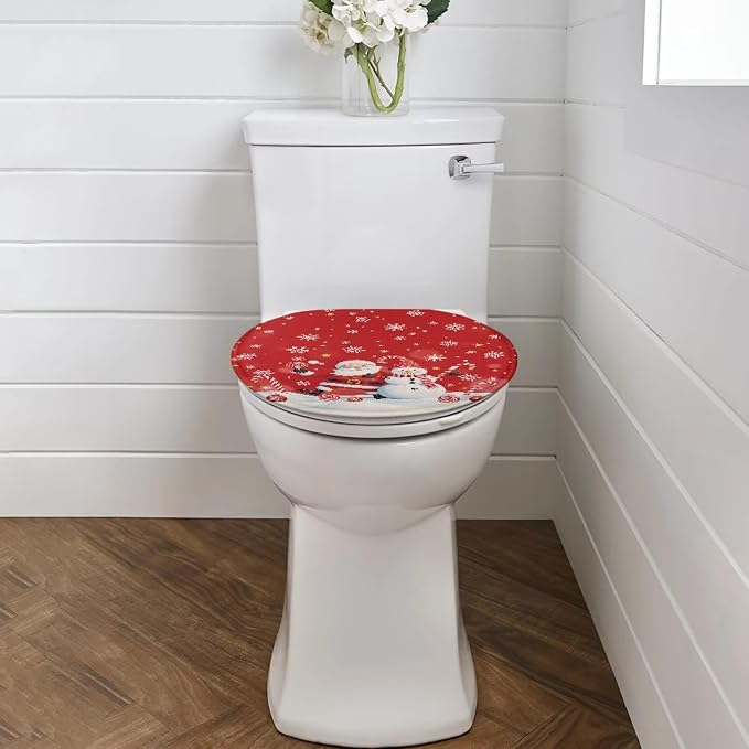 Toilet Seat Cover, Soft and Comfortable Flannel Seat Cover, Elastic Band at the Bottom Toilet Lid Cover-Christmas Snowman Print