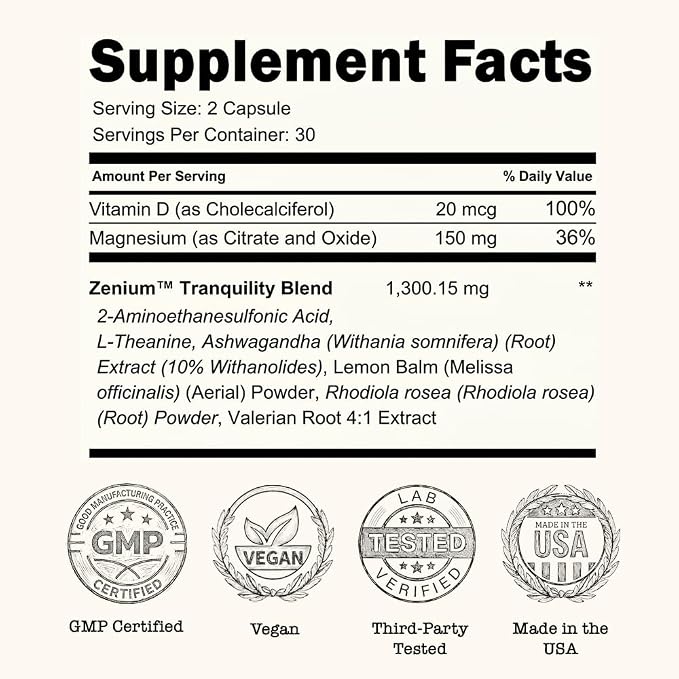 Zenium Stress Relief Supplement Supports Mood & Mental Focus - Feel Calm & Relaxed - Eases Tension & Nervousness - Ashwagandha, Magnesium & L-Theanine - Sarpagandha Inspired - 60 Capsules