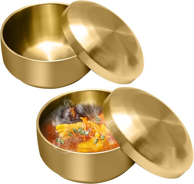 Stainless Steel Rice Bowl with Lid, Set of 2, for Korean Kitchen Restaurant, Double-walled Metal Bowls, Multi-Purpose Insulated Soup Bowls Snacks Bowls (11.5cm Gold)