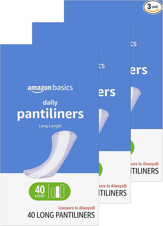 Amazon Basics Daily Pantiliner, Long Length, Feminine Pads for Women, Unscented, Comfortable Thin, 120 Count (3 Packs of 40) (Previously Solimo)
