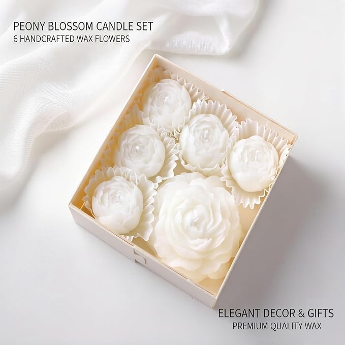 Flower Candles, Rose Peony Shaped Scented Floral Candle (White) | 6-Pack Handmade Aromatherapy for Spa Party Wedding Home Decor