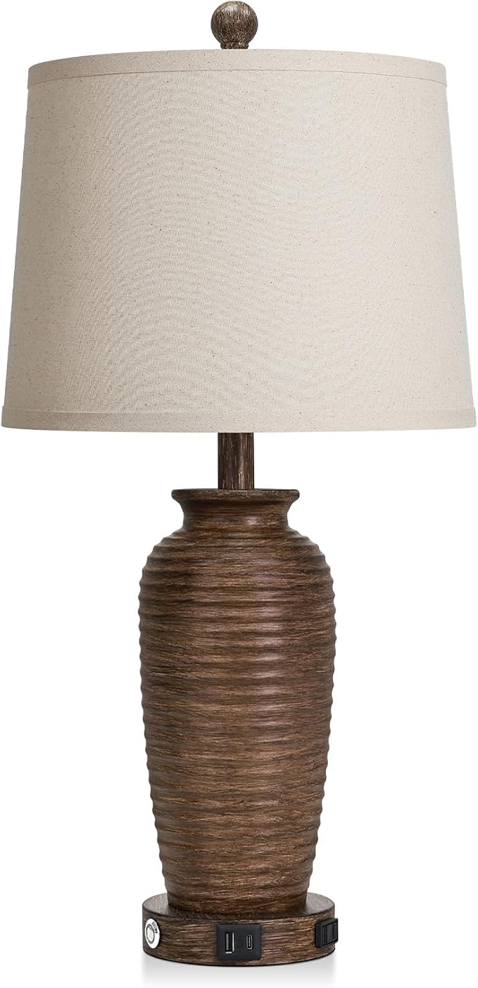 CINSARY 25" Retro Walnut Brown Farmhouse Jar Table Lamps Set of 2, 3 Way Touch Control Rustic Bedside Lamps with USB A+C Ports & AC Outlet, Pot Nightstand Lamps for Bedroom Living Room