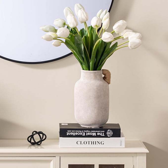 Vanselia Ceramic Flower Vase Home Table Decor Living Room Farmhouse 10.6 in | Large Tall White Rustic Decorative Flowers Vases Plant Modern Decoration for Kitchen Shelf Coffee Dining Centerpieces Desk