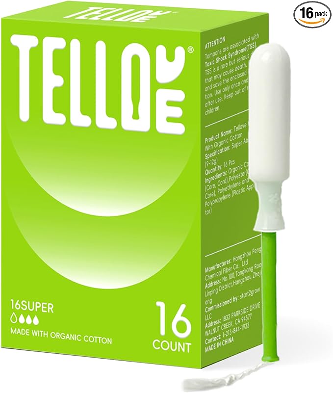 Tellove Tampons with 100% Organic Cotton Core, 16 Count (16 Super Tampons), Featuring 360° Comfort-Expand Leakproof Technology with Comfort BPA-Free Long Applicator, Gentle on Sensitive Skin