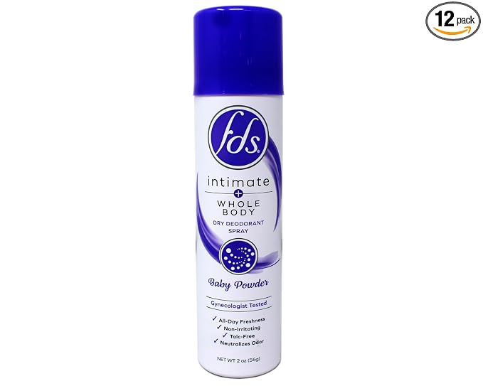FDS Intimate + Whole Body Dry Deodorant Spray, Baby Powder, 2 OZ - 12 Pack