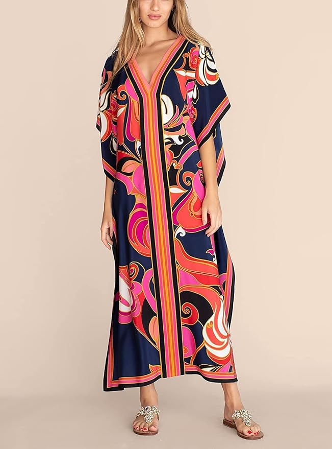 Venasha Womens Caftan Floral Print Kaftan Dress Short Sleeve Swimsuit Cover up Loungewear for Summer