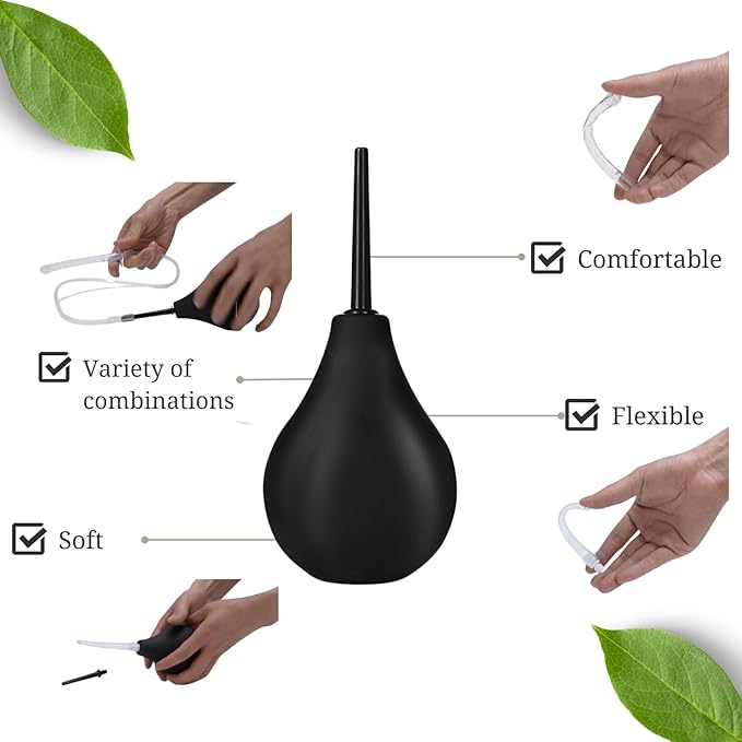 Enema Bulb Kit , Anal Douche for Men Women Beginners,Enima Vaginal Cleaner kit for Women, Douches for Men with 19,7in Hose+4 Replaceable Nozzles (Black