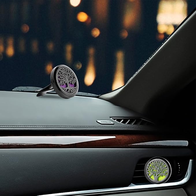 RoyAroma 2PCS Tree of Life Car Diffuser Aromatherapy Essential Oil Black Stainless Steel Locket with Vent Clip 12 Felt Pads
