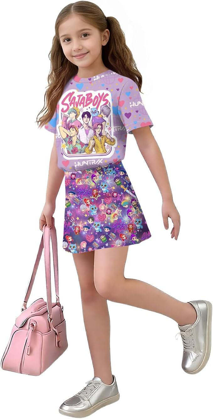 HTHLVMD K Pop Short Sleeve T-Shirt and Skirts Outfits Set for Girls Hunters Rumi Mira Zoey Graphic Tees De-Mon Costume
