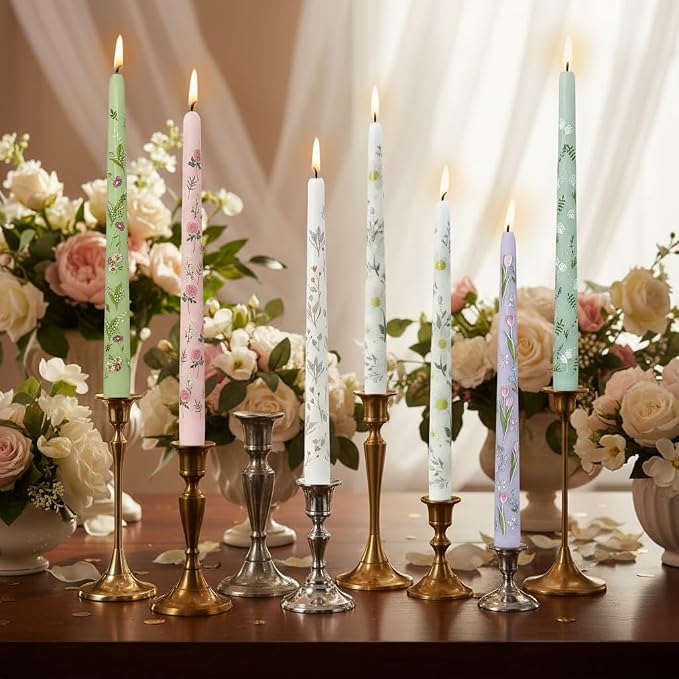 Floral Toile Candle Sticks Print Smokeless Candlessticks 6 Pack Handmade Pastel Candle 10 inches Long Flower Tapered Candles for Dining Living Room Mantel Cozy Hygge Ambiance Everyday Home Decor
