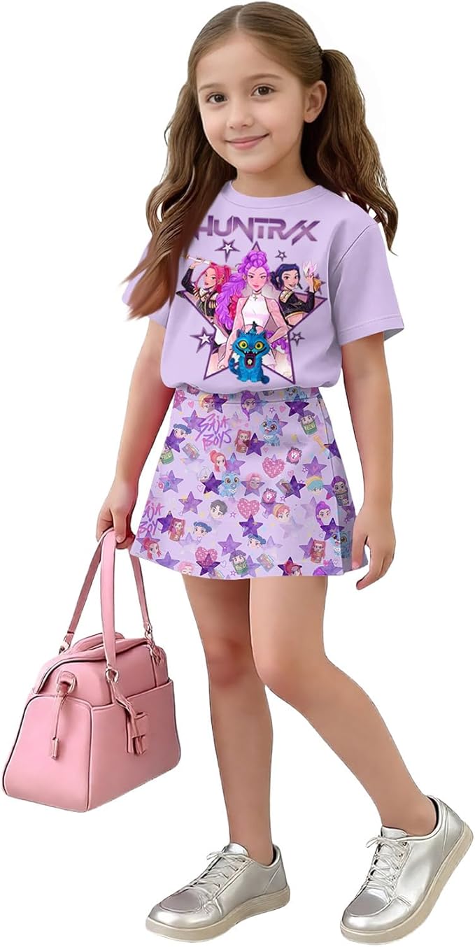 HTHLVMD K Pop Short Sleeve T-Shirt and Skirts Outfits Set for Girls Hunters Rumi Mira Zoey Graphic Tees De-Mon Costume