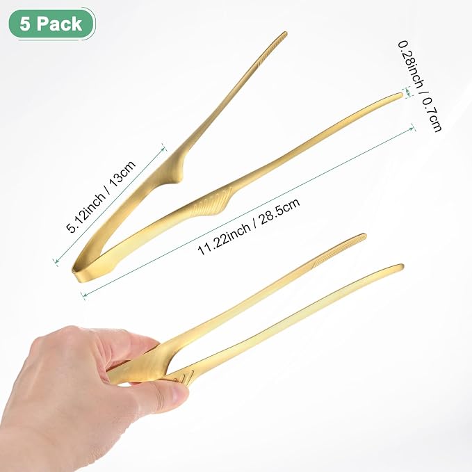 M METERXITY 5 Pcs Korean and Japanese BBQ Tongs 11.2 Inch Barbecue Tongs 430 Stainless Steel Kitchen Self-Standing Grill Non-Slip for Grill/Salad/Camping/Cooking [Gold]