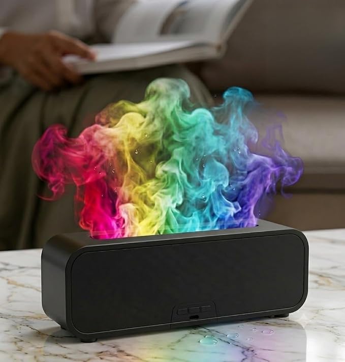 Flame Essential Oil Diffuser, 250ml Aromatherapy Humidifier with 7-Color Sound-Reactive LED, Realistic Fire Effect, Ultra-Quiet Cool Mist Maker, Remote, Timer, Auto-Off for Home, Office