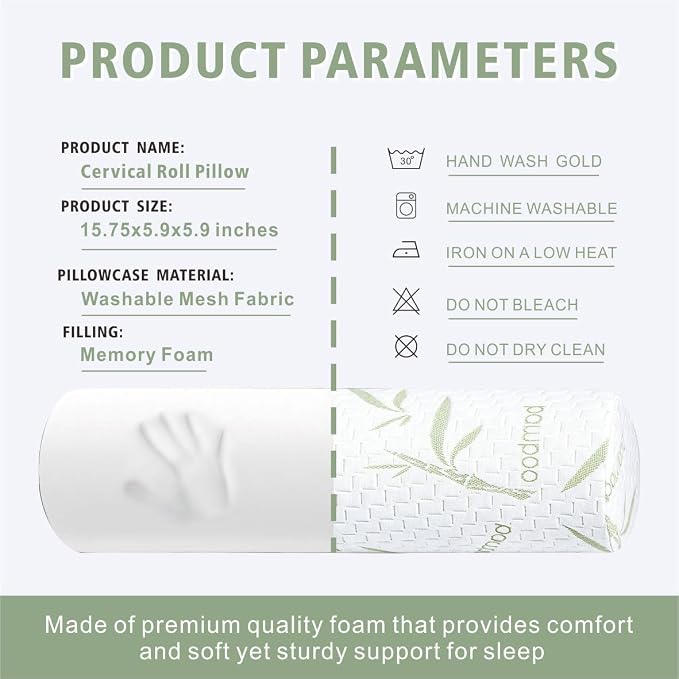 Cervical Neck Roll Pillow – Memory Foam Bolster Pillow for Neck & Back Support, Ergonomic Cylinder Pillow with Washable Bamboo Cover for Side Sleepers, Lumbar, Knee & Leg Support