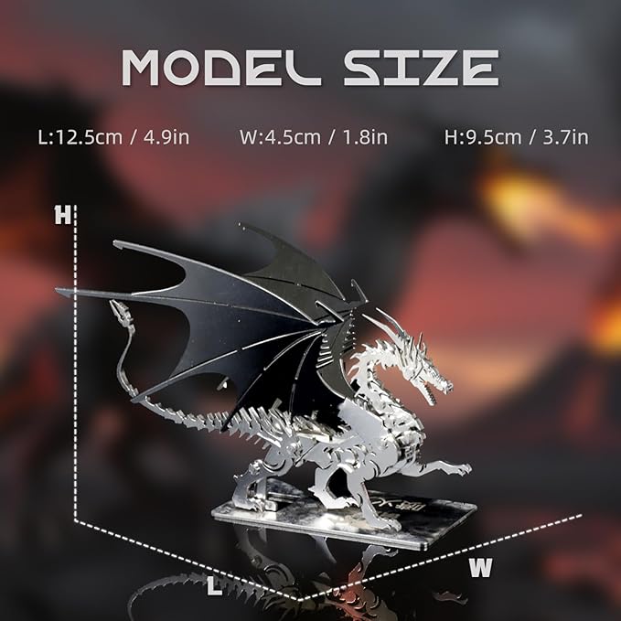 Mythical Fire Dragon 3D Metal Puzzle Model for Adults, Dragon DIY Building Model Kit, Fantasy Wyvern Creature Figurine for Gamers or Desk Metal Decor