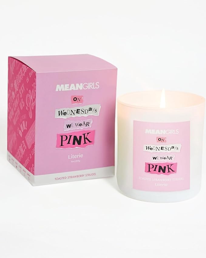 Literie Mean Girls Inspired Scented Candle: On Wednesdays We Wear Pink - Toasted Strawberry Strudel Scented, 9oz, 50 Hour Burn, Vegan Soy & Coconut Blend Candle for Home Decor, Gift for Women & Men
