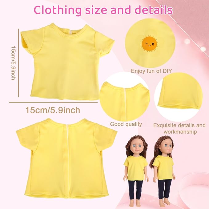 5-Piece Yellow T-Shirts for 17-18 Inch Dolls | Plain Short Sleeve Tees for DIY Customization