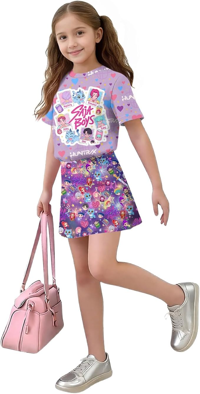 HTHLVMD K Pop Short Sleeve T-Shirt and Skirts Outfits Set for Girls Hunters Rumi Mira Zoey Graphic Tees De-Mon Costume