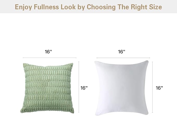 Volcanics Pack of 2 Sage Green Decorative Throw Pillow Covers 16x16 Inch | Soft Corduroy Striped Square Cushion Cases, Modern Farmhouse Boho Home Decor for Spring Couch Bed Sofa Living Room