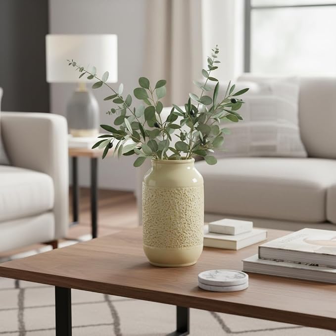Beige Ceramic Vase for Flowers - 9 Inch Textured Cream Vase for Pampas Grass, Modern Farmhouse Vases for Home Decor, Table Centerpiece, Shelf, and Mantle Decor