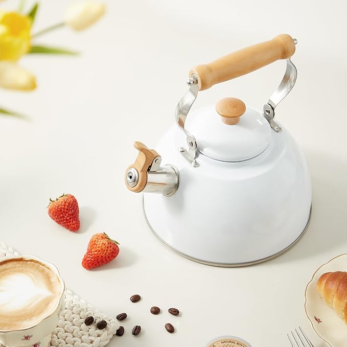 ROCKURWOK Tea Kettle, Tea Pot with Cool Touch Ergonomic Handle, Teapot Food Grade Stainless Steel, Tea Kettle Stovetop, Kettle Teapot, Whistling Tea Kettle, Small Tea Pot, 1.6 Quart (White)