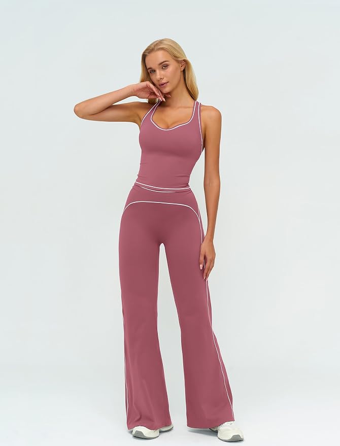 ABOCIW Two Piece Workout Sets for Women Racerback Tank Top Matching High Waist Wide Leg Yoga Pants Pilates Outfits