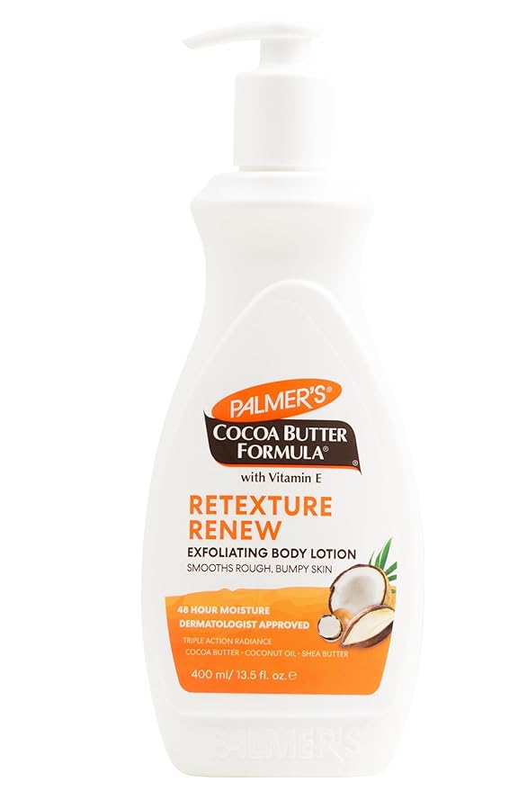 Palmer's Cocoa Butter Formula Retexture & Renew Exfoliating Body Lotion for Rough & Bumpy Skin, Triple Action Moisturizers + AHAs, Pump Bottle, 13.5 Ounce (Pack of 2)