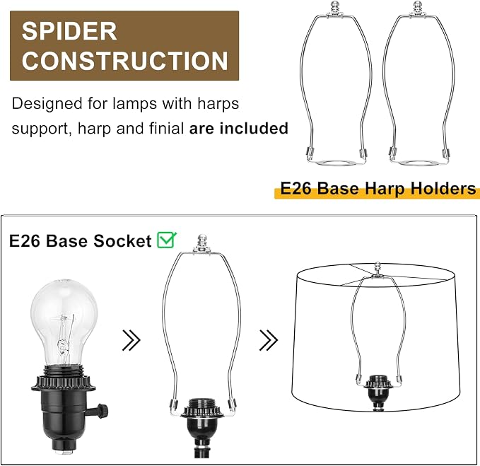 Drum Lampshades Set of 2, 11.6"Top x 12.6"Bottom x 9.8"High, Brown | Fabric Lampshades for Table Lamps Floor Lamps, Medium Lamp shades for Bedroom, Spider, Harp Holders Included, Easy Assembly