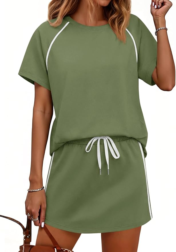 Womens 2 Piece Skirt Sets Summer Tennis Outfits Vacation Skort Set | Two Piece Sets, Short Set, Athletic Workout Golf Outfits, Crew Neck, Color Block, Drawstring, Workout Mathcing Lounge Sets