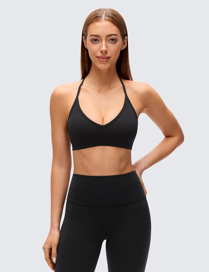 CRZ YOGA Butterluxe Soft Double Lined T-Back Sports Bras for Women - V Neck Adjustable Strap Yoga Crop Top Casual Non Padded