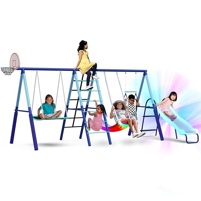 Sportspower Ramona Metal Swing Set 7-in 1: 3 Swings, Climbing Ladder and net, Basketball Hoop, and 5-ft Blow Molded Slide, 700lb Capacity, Yellow & Blue, Bonus Anchor kit Included