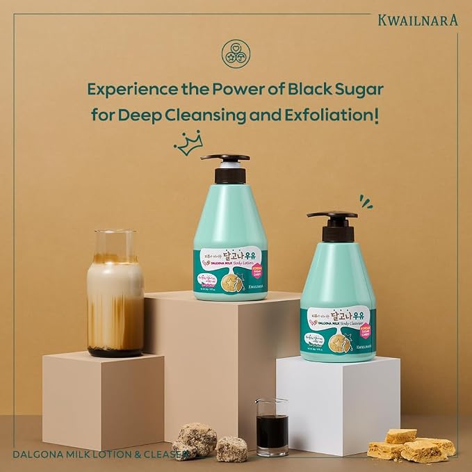 Kwailnara Dalgona Milk Body Wash & Lotion Set (19.75 Oz Each) – 2-Piece Korean Skincare Duo for Exfoliated & Hydrated Skin | Milk Protein, Royal Jelly & Smoothing Black Sugar | Paraben-Free