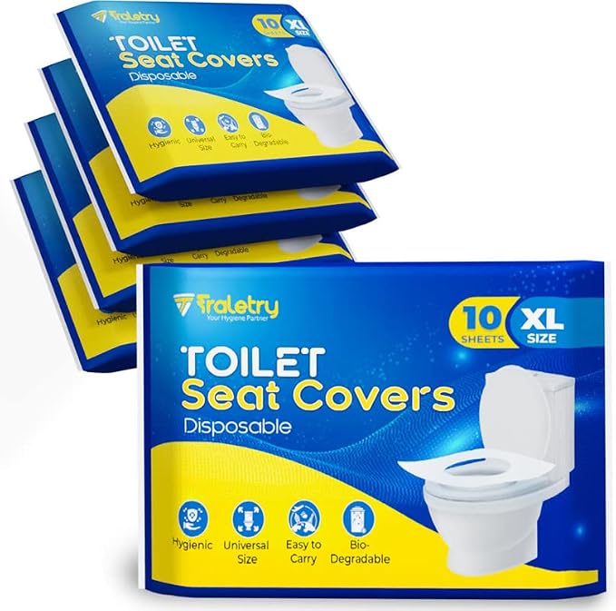 Toilet Seat Covers Disposable Flushable Travel Pack of 50, XL Biodegradable Paper Toilet Seat Covers for Adults & Kids, Public Restroom, Airplane & Camping Travel Essentials