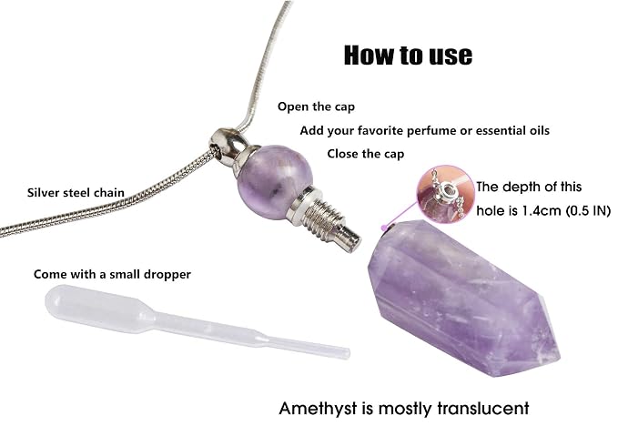 AMOYSTONE 1P Natural Amethyst Necklace Long Chain, Healing Oil Crystals Perfume Necklace Aromatherapy Bullet Shape Pendant Womens Gift