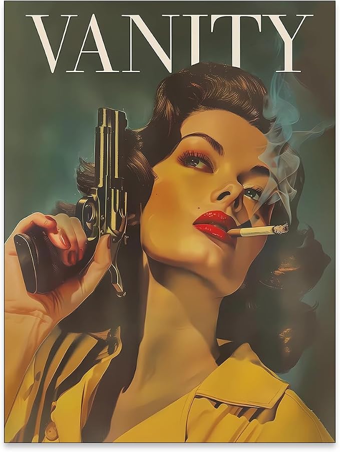 Haitunone Woman Smoking A Cigarette Wall Art Trendy Eclectic Feminist Poster Vintage Woman With A Gun Canvas Prints Badass Bestie Wall Decor for Girl Dorm Apartment 12X16 inch Unframed