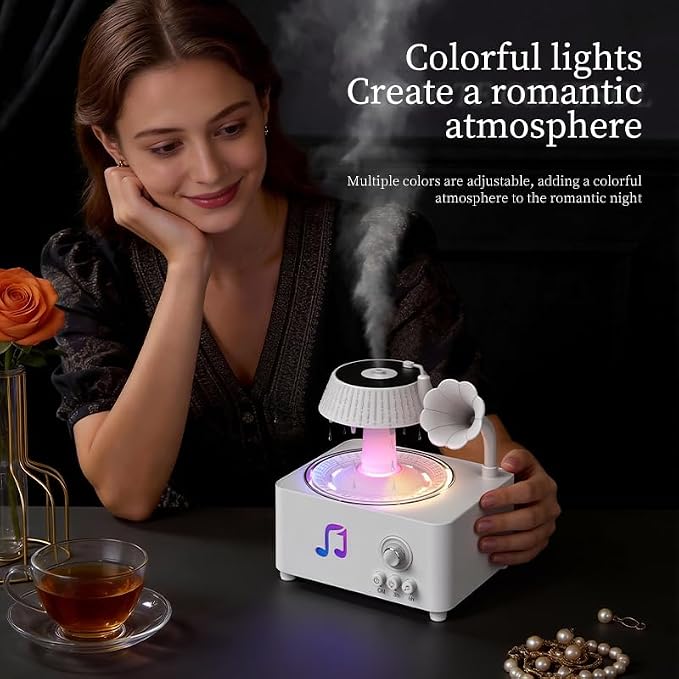 Vintage Record Player Essential Oil Diffuser 310mL Aromatherapy Diffuser with LED Light & Fragrance Diffusion, Quiet Humidifier for Home Bedroom Office Yoga, Retro Decor Air Freshener White