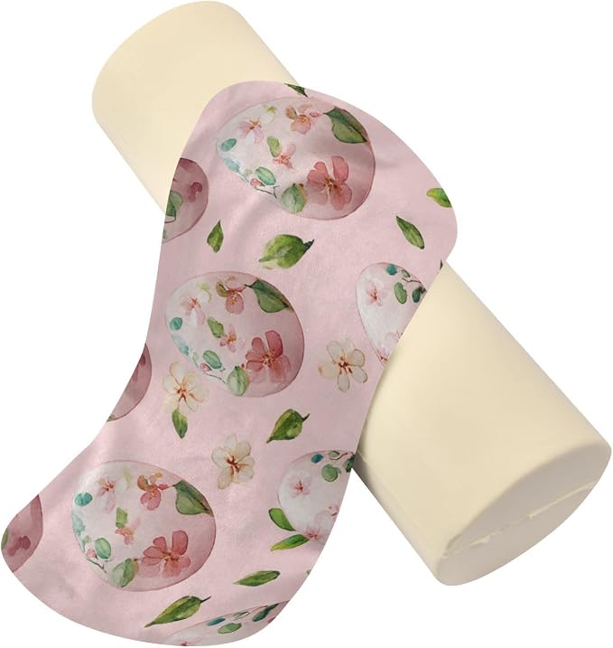 Pink Easter Eggs and Leaves Neck Roll Pillow Bolster Round Health Memory Foam Long Cervical Cylinder Pillows with Removable Washable Cover for Body Bed Legs Back Yoga