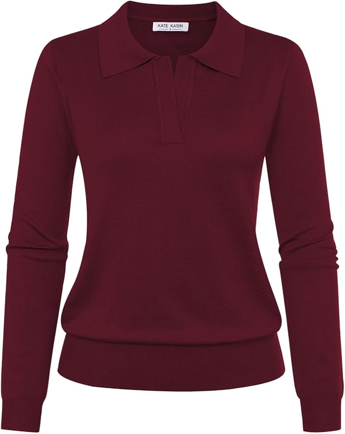 Women's Long Sleeve Classic V Neck Casual Fall Winter Polo Sweater Tops | Basic Collared Knitted Fashion Work Business Formal Daily Wear Versatile Pullover Shirts