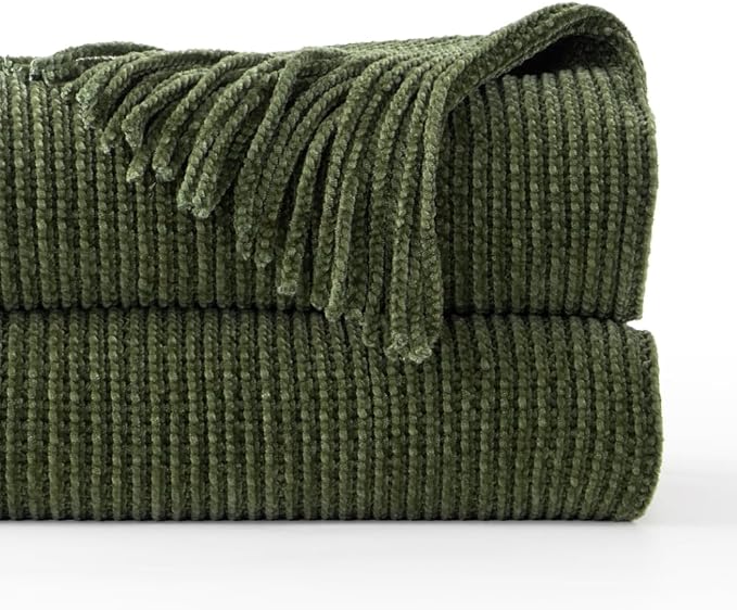 BATTILO HOME Olive Green Throw Blanket for Couch, 50"x60" | Soft Chenille Knit Throw Blanket with Tassels for Home Decor, Dark Green Throw for Couch Cover