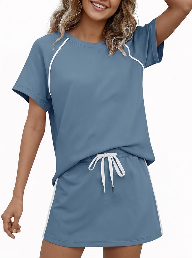 Womens 2 Piece Skirt Sets Summer Tennis Outfits Vacation Skort Set | Two Piece Sets, Short Set, Athletic Workout Golf Outfits, Crew Neck, Color Block, Drawstring, Workout Mathcing Lounge Sets