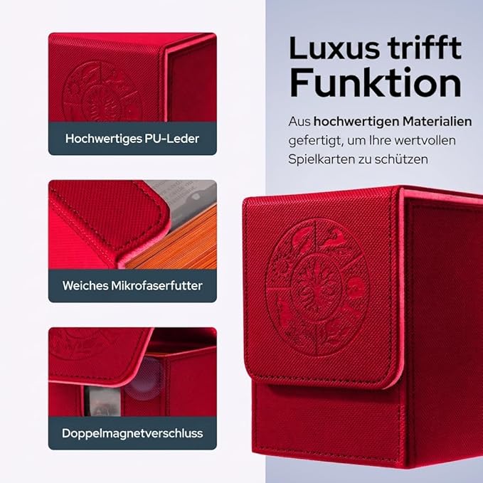 MTG Commander Deck Box with 2 Dividers – Fits 100+ Single Sleeved Cards, Strong Magnet Deck Case for Magic: The Gathering, Premium PU Leather Storage for TCG CCG (Red)