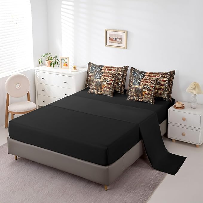 Feelyou Deer Hunting Comforter Set with Sheets American Flag 7 Piece Bedding Set Queen Size for Kids Boys Girls Wild Animal Deer Bed in a Bag Soft Down Bedding Comforters