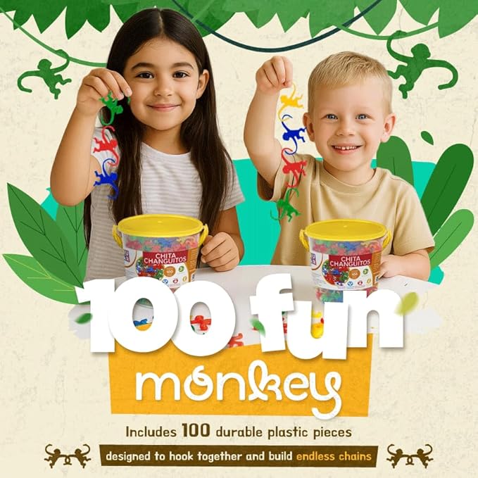 Mareta Bucket of Monkeys Classic Game, 100-pc Counting Games for Kids Ages 3+, Color Sorting, Linking, Motor Skills, Preschool Homeschool Learning Toys.
