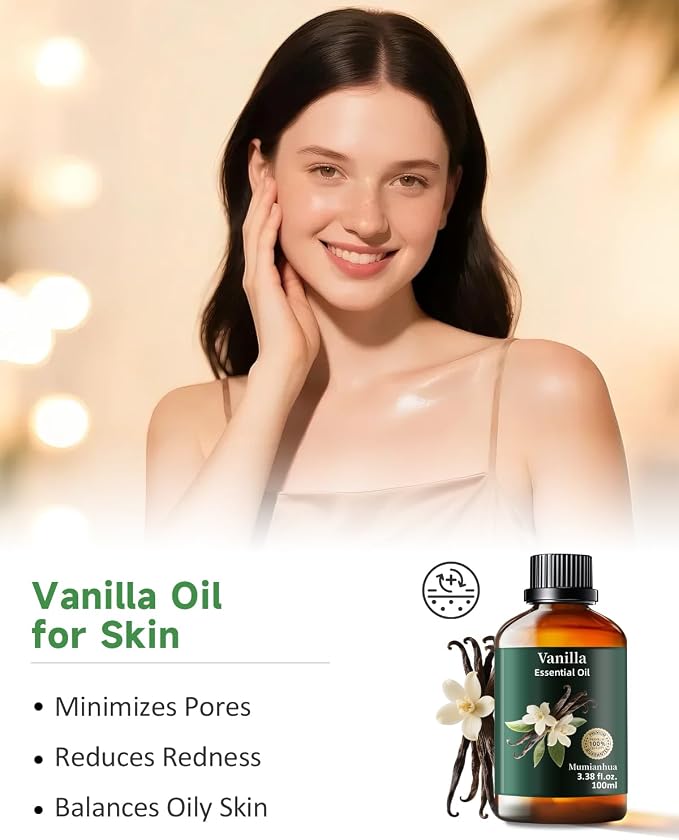 Vanilla Bean Essential Oil, for Diffuser, DIY & Skin Care, 3.38 Fl Oz | Mumianhua Vanilla Oil, Rich, Sweet, Creamy Aroma. For Perfume, Candle & Soap Making, Moisturizer & Diffusion