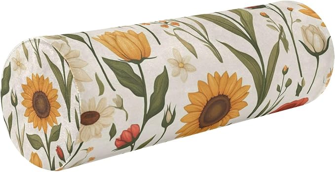 Sunflowers and Roses Beige Neck Roll Pillow Bolster Round Health Memory Foam Long Cervical Cylinder Pillows with Removable Washable Cover for Body Bed Legs Back Yoga
