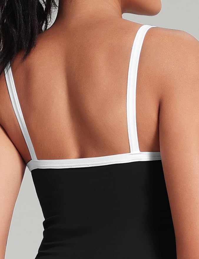 HeyNuts Vintage Color-Block Strappy Crop Tank Top for Womens, Cute Contrasting Trim Yoga Longline Sports Bras Padded A-D Cups